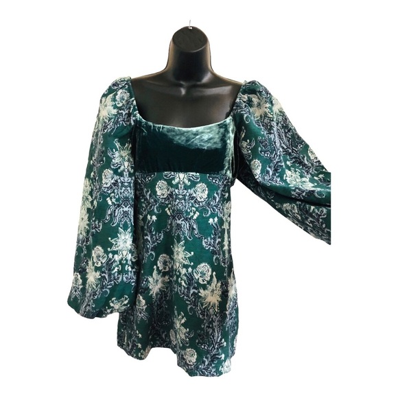 Free People structured green brocade look velvet balloon sleeve babydoll dress - Picture 11 of 16
